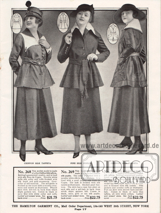Exklusive Damenkostüme der obersten Preiskategorie aus Chiffon-Seiden-Taft und bestem Seiden-Popeline.
Das erste Kostüm besitzt ein Innenfutter aus Seiden Peau de Cygne. Weiße Faille Seide bildet den neuartig geformten Kragen und die Ärmelaufschläge, die wiederum mit Seiden-Stickereien und goldfarbenen Ornamenten versehen sind. Der Gürtel des zweiten Kostüms endet mit zwei großen Quasten. Der weit ausladende Kragen ist mit weißer Seide in Moirémusterung belegt. Der Kragen des dritten Modells ist mit einem abnehmbaren zweiten Kragen aus Faille Seide ausgestattet. Aufgesetzte Taschen und ein Gürtel der wie das vorherige Modell in Quasten endet, kennzeichnen dieses Kostüm.