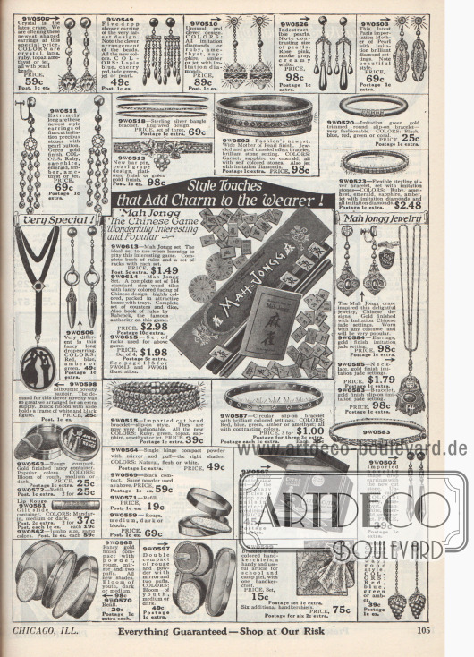 Doppelseite mit Modeschmuck, wie z.B. Knopf-Ohrringen und langen Ohranhängern, Armbändern, Armreifen und Ringen, Halsketten, Schärpen sowie Medaillons aus Metallen und Glas.
Unten mittig zeigen sich Kosmetikartikel wie Lippenstifte, Puderdosen mit integrierten Spiegeln, Kajal, Rouge und ein Fingernagel-Pflegeset mit Nagelhautentferner und Nagelfeile der Marke „Cutex“.
Um 1924 entwickelte sich das nach Amerika gebrachte Spiel Mahjong (engl. „Mah-Jongg“) zu einer regelrechten Modehysterie, so dass auch das Versandhaus Philipsborn’s dieser Modewelle Rechnung trug, indem es auch hier in seinem Angebot das Spiel vertrieb. Rechts daneben befindet sich auch passender Mahjong Modeschmuck. Bezug zum Spiel wird nochmals auf Seite 128 genommen.