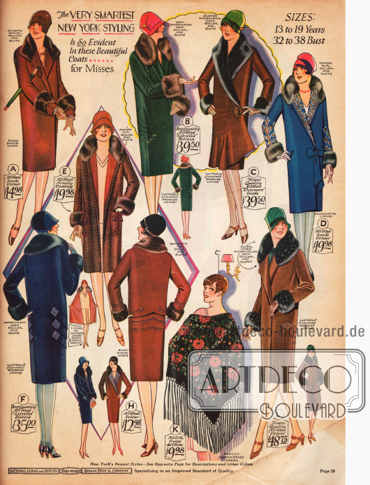 Wintermäntel für das modebewusste Fräulein. Die Stoffe und die verwendeten Pelze entsprechen denen der vorausgehenden Seiten.
Das Model E ist ein Sportmantel. Model C zeigt einen spitz geformten Schalkragen und eine in Falten gelegte Vorderfront. Model D weist aufwendige Stickereien an Revers und Ärmeln auf. Eine abnehmbare Schleife dient als Zierverschluss.