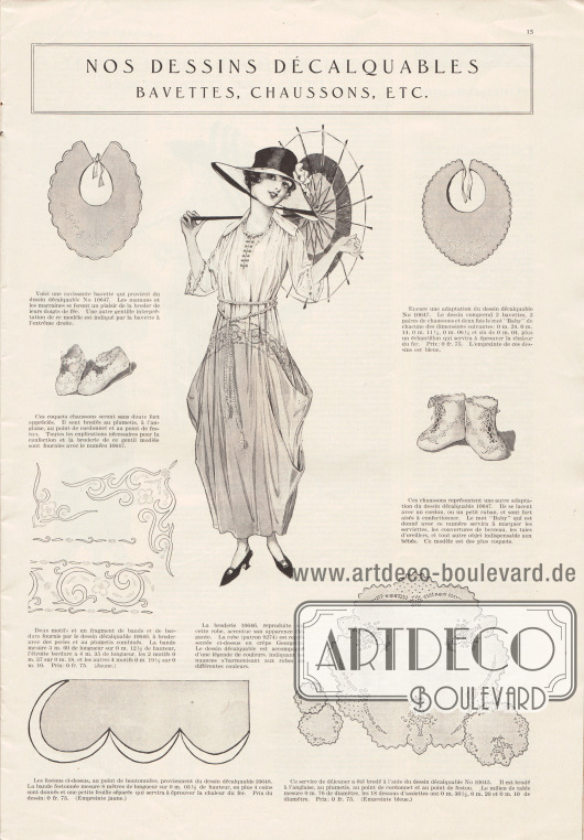 „Unsere Abplättmuster – Lätzchen, Babyschuhe, etc.“ (frz. „Nos Dessins Décalquables – Bavettes, Chaussons, etc.“).
Seite mit Handarbeits- und Stickvorlagen für Babylätzchen, Babyschuhen sowie Abplättmuster für Stickereien für Stoffborten, Kleidstickereien oder Frühstücksgedecke.