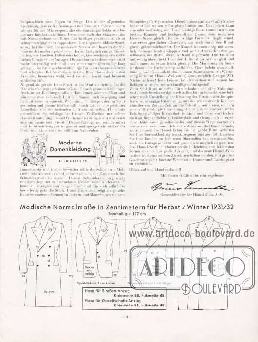 Artikel:
Henschke, Bruno (Geschäftsführer), Modisches für Herbst und Winter 1931/32. Den Hänsel-Freunden für ihre Praxis.
Im unteren Bilddrittel befinden sich die „modischen Normalmaße in Zentimetern für Herbst/Winter 1931/32“ für die männliche „Normalfigur“ von 172 cm.