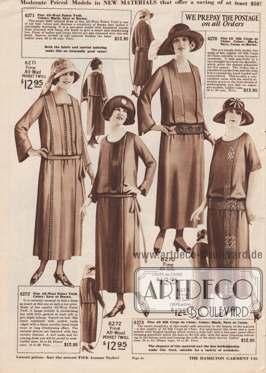 Mondäne Nachmittagskleider aus Poiret Wolle und Seiden Crêpe de Chine für Damen, die besonders elegant gekleidet sein wollen.
Das erste recht einfach gearbeitete Modell zeigt die 1924 sehr beliebte Tuxedo Front mit breitem, bis zum Saum verlängertem Kragen – was nebenbei auch einen besonders verschlankenden Effekt erzielt. Dieser Effekt ist auch beim zweiten Kleid zu finden, der durch vertikale Seidenstickerei und Biesen hervorgerufen wird. Das dritte Kleid besitzt ebenfalls am Oberteil den Tuxedo Kragen sowie einen mit Perlen bestickten Gürtel. Bestickte Bahnen aus glänzenden Metallperlen sind auch am einfach gehaltenen letzten Kleid zu finden. Die mit Perlen bestickte Schärpe ist zudem länger als der Saum.