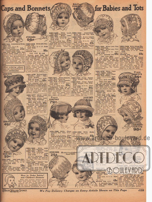 „Mützen und Hauben für Babys und Kleinkinder“ (engl. „Caps and Bonnets for Babies and Tots“).
Die Baby- und Säuglingshauben sind aus Batist und Linon, Seiden-Messaline, japanischer Seide, Panama Stroh, weißem Organdy, Tuscan Stroh, weißem Pikee, stark glänzendem und merzerisiertem Popeline hergestellt. Kräuselarbeit, viel Stickereien, Rüschen und Spitze sowie Schleifchen und Ripsrosetten sind bei den Ausführungen zu sehen.