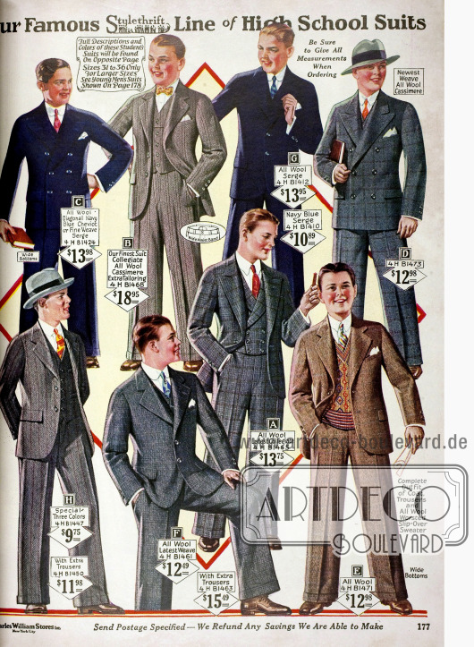 Acht High School Anzüge für junge Männer aus Serge, Kaschmire, Cheviot und Wolle mit passenden Westen oder Pullover.
