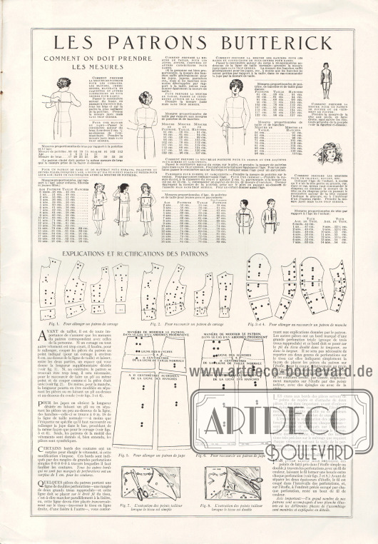 Anleitungen zum Maßnehmen für die Bestellung der Schnittmuster (frz. „Les patrons Butterick comment on doit prendre les mesures“) sowie die Erklärung zum Anpassen und Berichtigen der Schnittmuster („Explications et rectifications des patrons“).