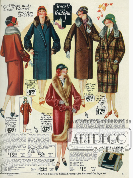 Wintermäntel für junge Damen aus Woll-Veloursleder, Bolivia (Wollstoff) und Polo-Wolle mit Bieberpelzbesatz und Fuchspelzimitat.