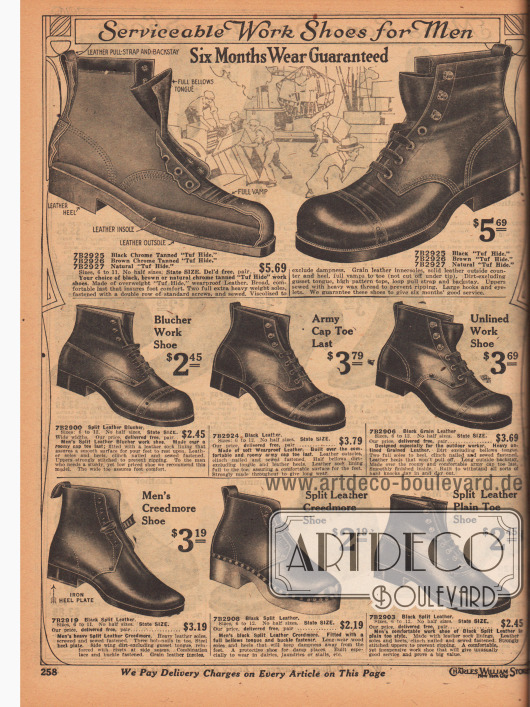 „Zweckdienliche Arbeitsschuhe für Männer – mit Garantie für sechs Monate“ (engl. „Serviceable Work Shoes for Men – Six Months Wear Guaranteed“).
Arbeitsschuhe im Armeestil aus wasserabweisendem „Tuf Hide“ (?), Spaltleder und Narbenleder in den Farben Schwarz oder Dunkelbraun. Die oberen Modelle sind im Derby Stil gearbeitet (Derbyschaftschnitt) und nicht wie fälschlich angegeben Blücher Modelle. Die Kappen zeigen Lochlinienverzierung.
Im unteren Seitenbereich sind recht ungewöhnlich gearbeitete Arbeitsschuhe für die Arbeit in Molkereien, Wäschereien oder Pferdeställen abgebildet. Gerade das mittlere Modell zeigt eine dicke, schmutzabhaltende Holzsohle (Modellbezeichnung „Creedmore“). Dieser und der linke Schuh besitzen eine Verschlussschnalle.