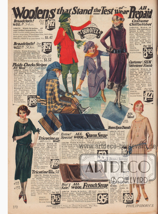 Wollstoffe für strapazierfähige Winterkleidung. Walkstoffe, Trikotine, Tweed, Velours und Serge sind aus reinen Wollstoffen hergestellt. Zusätzlich sind von dieser Seite auch Samt und Chiffon-Samt bestellbar. Die Breite der Stoffe reicht von 36 bis 54 Inch pro Längenyard.