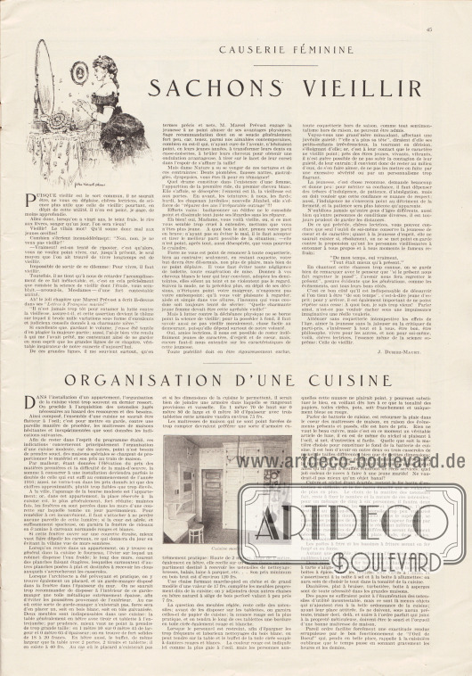 Artikel:
Duriez-Maury, J., Causerie Féminine. Sachons Vieillir;
o. V., Organisation d’une Cuisine.
Die Illustration zum oberen Artikel zeigt eine Dame im Tournürenkleid (1880er Jahre), die am Toilettentisch vor einem Spiegel steht. Zum unteren Artikel wird ein kleines Foto einer Küche gezeigt mit dem Untertitel „Cuisine modèle“.
Illustration/Zeichnung: John Wolcott Adams (1874-1925).
Foto: unsigniert/unbekannt.