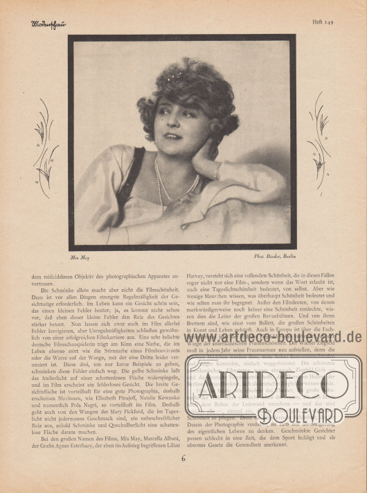 Artikel:
Ulitzsch, Ernst, Moderne Frauenschönheit.
Mit einer Fotografie der österreichischen Stummfilmschauspielerin Mia May (1884-1980).
Foto: Atelier Binder, Berlin.
