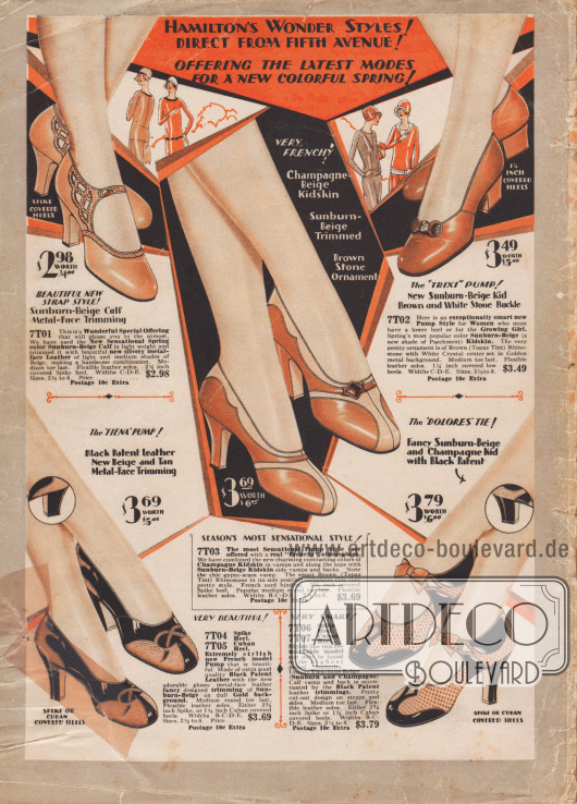 Rückseite des Katalogs im Zweifarbdruck (Schwarz und Rot).
Pumps und Schnallenschuhe mit Riemchen aus Lackleder, Ziegenleder und Rindsleder. Alle Modelle sind mit zwei verschiedenfarbigen Ledersorten kombiniert, so dass unterschiedliche Ornamente möglich werden und jedes Paar seinen eigenen, besonderen Reiz erhält. Schmale, spitze Absätze (engl. „spike heels“) sind 1929 en vogue. Nur das Modell oben rechts besitzt niedrige Gehabsätze und ist aus einem einfarbigen „Sunburn-Beige“ Leder in hergestellt. Ein Strassstein dient jedoch als Ornament.