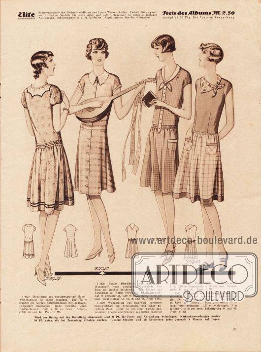 5927: Dirndlkleid aus buntgemustertem Baumwoll-Musselin für junge Mädchen. Die Taille ergänzt ein weißes Batisthemdchen mit Zugsaum. Schwarzer Bandbesatz. Dicht gereihter Rock.
5928: Flottes Dirndlkleid aus bedrucktem Waschstoff, vorn durchgehend geknöpft. Der Rock ist glockig geschnitten. Für Kragen und Aufschläge ist Batist verwendet.
5929: Wanderkleid aus blau-weiß kariertem Baumwollstoff mit Kimonotaille und dicht gereihtem Rock. Dieser ist mit einer Tasche ausgestattet. Kragen und Blenden aus hellem Material zeigen farbige Paspelierung.
5930: Dirndlkleid aus hellblau kariertem und einfarbigem Material kombiniert. Letzteres ergibt die eng anliegende Taille und die Blenden an Rock und Taschen. Bunt gemustertes Halstuch.