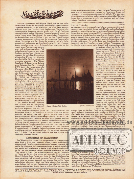 Artikel:
O. V., Neue Schallplatten;
O. V., Leihanstalt für Schallplatten;
O. V., Tiere als Techniker.
In der Seitenmitte befindet sich eine Fotografie mit der Erläuterung „Santa Maria della Salute“; Foto: Federmeyer.
Impressum der Illustrierten Modenschau.
