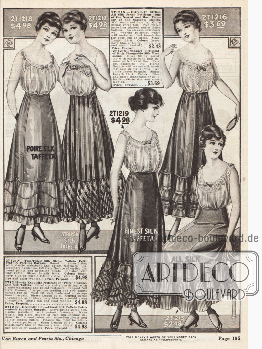 Petticoats (Unterröcke) aus merzerisierter Seide, Seiden-Jersey, Seiden-Taft, gestreifter Seide, Jersey-Seiden-Taft und Seiden-Mesaline.
Viele Röcke sind rundum mit Rüschen und Volants gearbeitet.