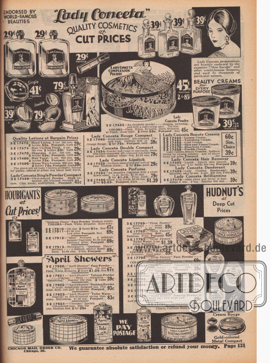 Seite mit einem Angebot an Crems, Parfumen, Toilettenwässern, Rouge und Gesichtspuder der Firmen Lady Conceta, Houbigant's, April Showers und Richard Hudnut.
