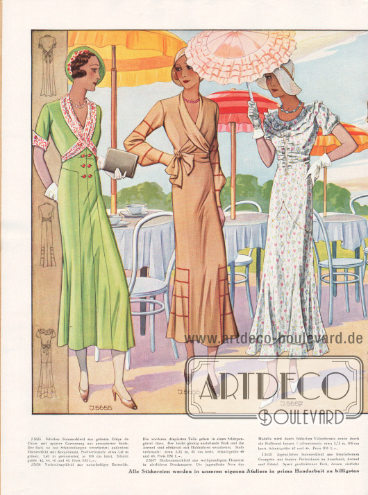 Sommerliche Damenmode für Juli 1932.
5655: Schickes Sommerkleid aus grünem Crêpe de Chine mit aparter Garnierung aus gemusterter Seide. Der Rock ist mit Schnitteilungen verarbeitet; außerdem Miedereffekt mit Knopfbesatz.
5656: Nachmittagskleid aus naturfarbiger Bastseide. Die vorderen drapierten Teile gehen in einem Schärpengürtel über. Der leicht glockig ausfallende Rock und die Ärmel sind effektvoll mit Hohlnähten verarbeitet.
5657: Hochsommerkleid aus weißgrundigem Fleurette in zierlichem Druckmuster. Die jugendliche Note des Modells wird durch hübschen Volantbesatz sowie durch die Puffärmel betont.