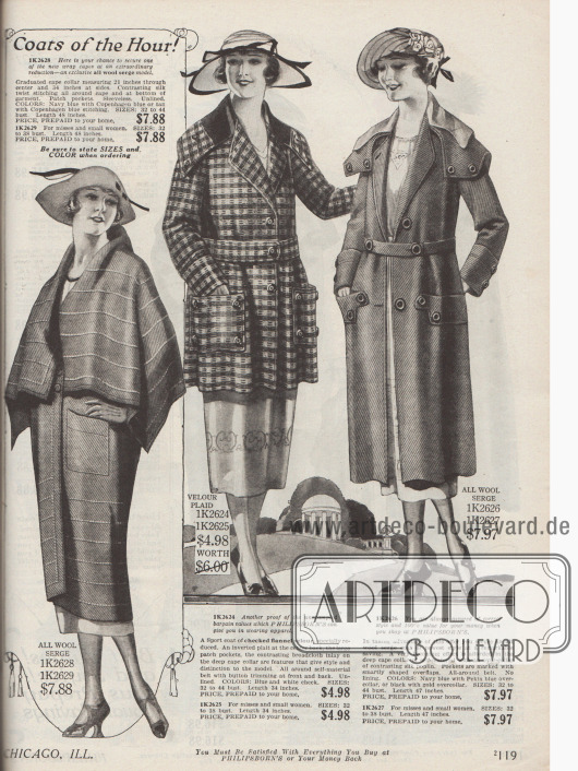 Doppelseite mit sechs Damenmänteln und kürzeren Sportmänteln aus Woll-Velours, Woll-Serge und reinem Flanell-Velours. Charakteristisch sind die sehr breiten Kragen, die nahezu in Capes zu übergehen scheinen. Die Mäntel mit Cape zeichnen sich dagegen durch ihre sackartigen übergroßen Schnitte aus (zweites & viertes Modell). Große auf- oder eingearbeitete Taschen, Knöpfe, Paspeln oder leichte Stickereien geben Abwechslung.