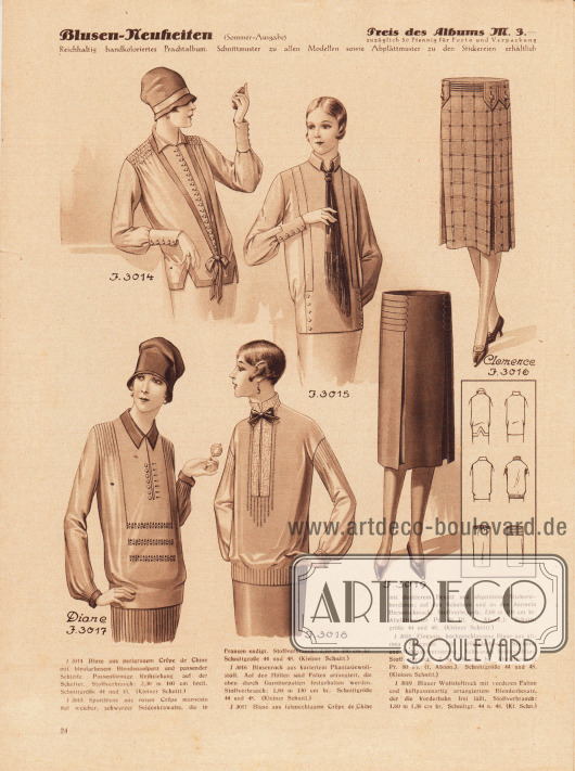 3014: Bluse aus perlgrauem Crêpe de Chine mit bleufarbenem Blendenaufputz und passender Schleife. Passenförmige Reihenziehung auf der Schulter.
3015: Sportbluse aus rotem Crêpe Marocain mit weicher, schwarzer Seidenkrawatte, die in Fransen endigt.
3016 (Clemence): Blusenrock aus kariertem Phantasiewollstoff. Auf den Hüften sind Falten arrangiert, die oben durch Garniturpatten festgehalten werden.
3017 (Diane): Bluse aus faïenceblauem Crêpe de Chine mit dunklerem Besatz und abgetönten Stickereibordüren; auf den Schultern und an den Ärmeln Biesenschmuck.
3018: Elegante, hochgeschlossene Bluse aus altrosa Georgette mit crêmefarbener Stickerei und Hohlnahtverzierung. Schwarzer Seidenschlips.
3019: Blauer Wollstoffrock mit vorderen Falten und hüftpassenartig arrangiertem Blendenbesatz, der die Vorderbahn frei läßt.