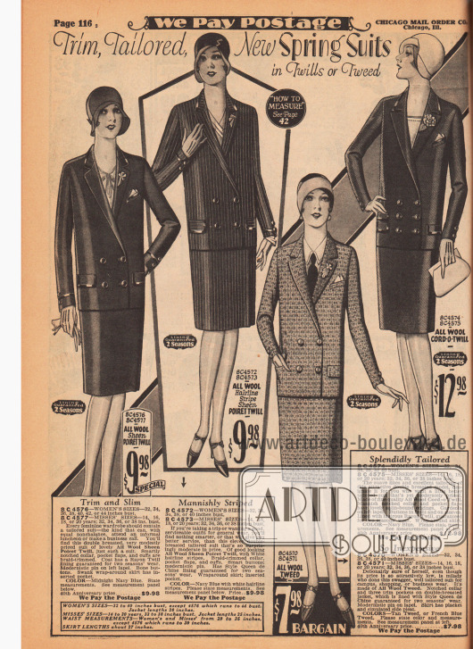 Doppelseite mit 4 betont maskulinen Kostümen (links) aus Woll-Poiret-Twill, Woll-Twill und Woll-Kord, ein Kostüm Ensemble (5. Modell) aus Woll-Tweed und 2 Ensembles (rechts) aus Woll-Kaschmir und Woll-Tweed.