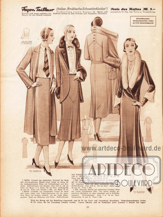 5862/63: Complet aus englischem Wollstoff für Rock und dreiviertellangen Mantel sowie Crêpe de Chine für die hochgeschlossene Bluse mit Umlegekragen und Krawatte.
5864/65: Ensemble aus bräunlichem Tweed für Rock und Jacke sowie rosa Trikot-Charmeuse für die sportliche Bluse mit brauner Schleife. An der Jacke Bibergarnitur. Rock mit Hüftpasse und Falten.
5866: Sportmantel aus Kamelhaarstoff mit Rückenpasse, der die Kragenblende angeschnitten ist. Die am Rückenteil eingelegte Falte ist oben pattenartig abgesteppt.
5867: Eleganter Mantel aus schwarzem Lindener Samt mit rötlich eingefärbtem Pelz. Der untere glockig geschnittene Mantelteil ist oben ausgebogt und in Hüfthöhe angesetzt.