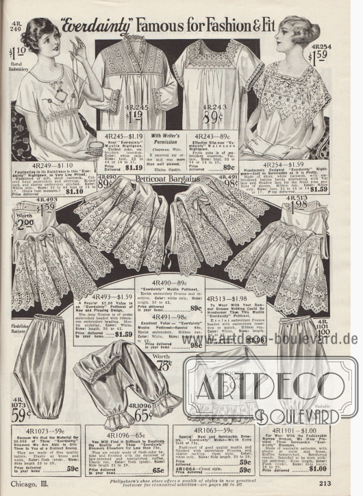 „‚Everdainty‘ berühmt für Sitte & Passform“ (engl. „‚Everdainty‘ Famous for Fashion & Fit“).
Nachthemden (oben) aus Nainsook (leichter Baumwollmusselin) oder Musselin, Petticoats (Mitte) aus Musselin sowie Schlupf- und Pumphöschen (unten) aus Batist und Waschsatin von der US-Marke Everdainty.
Die Schlafröcke für Damen zeigen leichte Stickereien, Biesen, Reihenziehungen und Spitze. Die Unterröcke sind überreich mit Stickereien und Hohlnähten garniert. Die Pumphöschen sind mit Bändern und Gummizügen versehen.