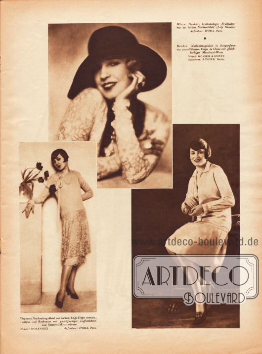Drei Modefotografien mit den Bildunterschriften „Elegantes Nachmittagskleid aus zartem beige Crêpe Romain; Tunique und Rocksaum mit gleichfarbiger Luftstickerei und Spitzen-Inkrustationen. Modell: Molyneux“, „Mitte: Dunkler, breitrandiger Frühjahrshut zu hellem Stickereikleid (Lily Damita)“ sowie „Rechts: Nachmittagskleid in Jumperform aus pastellblauem Crêpe de Chine mit gleichfarbiger Matelassé-Weste. Modell: Glaser & Goetz“.
Fotos: d'Ora, Paris (Dora Philippine Kallmus, 1881-1963); Atelier Binder, Berlin.