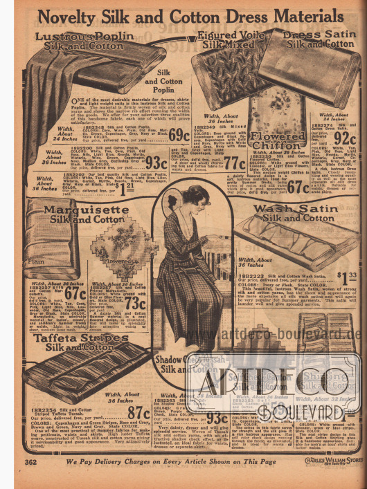 „Neuartige Seiden-Baumwollstoffe für Kleider“ (engl. „Novelty Silk and Cotton Dress Materials“).
Schwach geripptes, matt glänzendes Seiden-Baumwoll-Popeline, gemusterter Voile (Schleierstoff), geblümter Chiffon, einfarbiger Seiden-Baumwoll-Satin, Seiden-Baumwoll-Marquisette, schattiert karierte Baumwoll-Tussah-Seide, Waschsatin (Baumwoll-Seiden-Gewebe), gestreifter Baumwoll-Seiden-Taft, großkarierte Baumwoll-Kanton-Seide und gestreifter Seiden-Baumwoll-Hemdstoff.
Die Preise beziehen sich auf einen Yard (91,44 cm) und sind zwischen 24 und 36 Inch breit (66,0 und 91,44 cm).