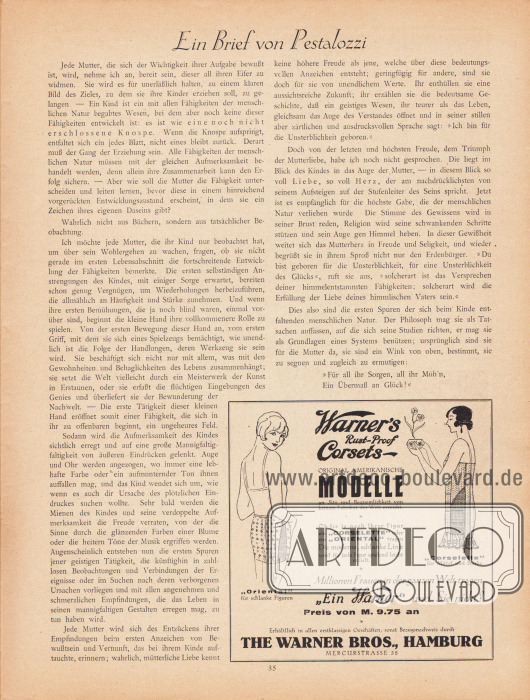 Artikel:
O. V., Ein Brief von Pestalozzi.
Werbung:
Warner's Rust-Proof Corsets - original amerikanische Modelle, The Warner Bros., Hamburg, Mercurstrasse 35.