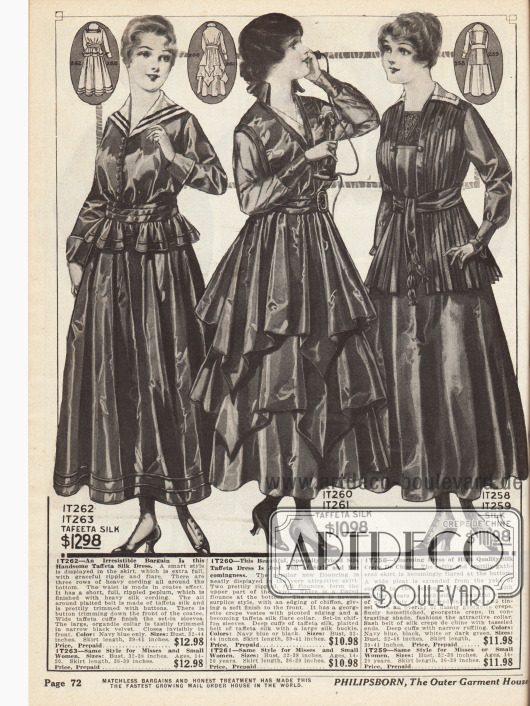 Elegante Damenkleider aus Taft Seide und Seiden Crêpe de Chine. Das erste Kleid zeichnet sich durch einen kleinen Volantschoß aus, das sich um die ganze Taille legt. Die Weite des zweiten Rocks wird vor allem durch die zwei spitz zulaufenden Volants und den großzügigen Faltenwurf noch verstärkt. Ausgehend vom Kragen des dritten Kleides wurde der Stoff bis zum Schoß plissiert.