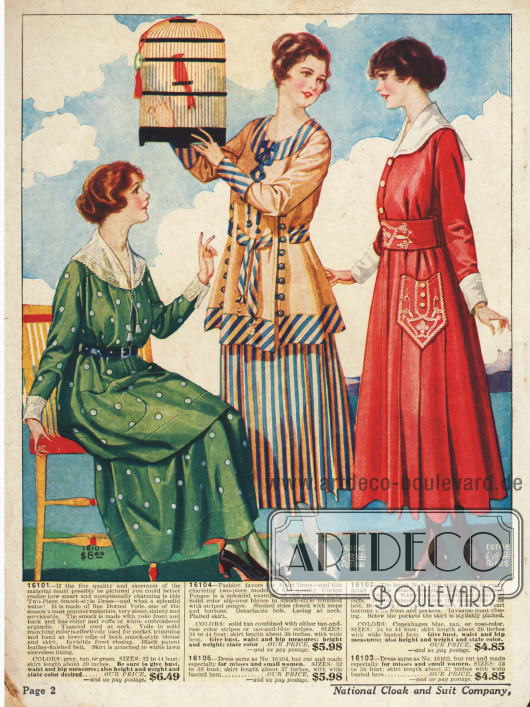 Kleider aus Voile, Baumwoll-Seide und Leinen. Die Kleider in grün und rot weisen abstechend weiße Garnituren und große Taschen auf.