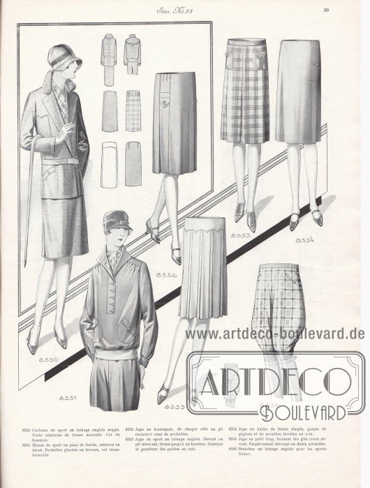 8550: Costume de sport en lainage anglais noppé. Veste ceinturée de forme nouvelle. Col en fourrure.
8551: Blouse de sport en peau de Suède, ceinture en tricot. Pochettes placées en travers, col transformable.
8552: Jupe en homespun; de chaque côté un pli raccourci orné de pochettes.
8553: Jupe de sport en lainage anglais. Devant un pli intercalé, fermé jusqu’à mi-hauteur. Ceinture et garniture des poches en cuir.
8554: Jupe en kasha de forme simple, garnie de piqûres et de mouches brodées en soie.
8555: Jupe en petit drap, formant des plis creux devant. Empiècement découpé en dents arrondies.
8556: Breeches en lainage anglais pour le sports blancs.