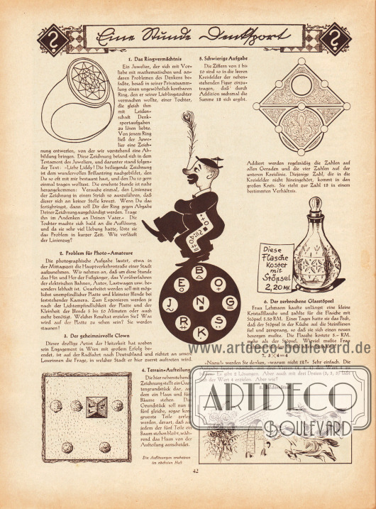 „Eine Stunde Denksport“, Rätselseite.
1. Das Ringvermächtnis, 2. Problem für Photo-Amateure, 3. Der geheimnisvolle Clown, 4. Terrain-Aufteilung, 5. Schwierige Aufgabe, 6. Der zerbrochene Glasstöpsel, 7. 3 x 4 = 4, 8. Bilderrätsel.