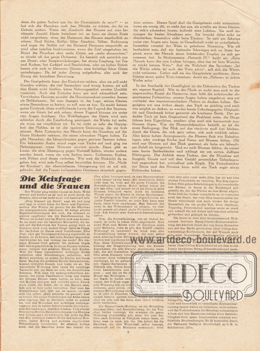 Artikel:
Elias, Julie, Heim und Geselligkeit.
Werbung:
„Die Heizfrage und die Frauen“, Ideal Culina-Zentralheizungs-Küchenherde und Narag-Classic-Heizung, Nationale Radiator Gesellschaft m. b. H. in Schönebeck/Elbe.