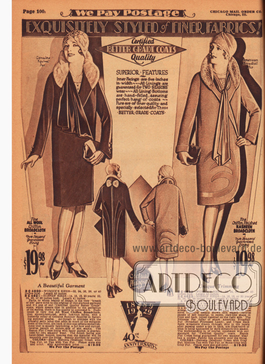 „Vorzüglich geschneidert aus feineren Stoffen!“ (engl. „Exquisitely Styled of Finer Fabrics!“). Echte Fotografien.
Zwei exklusive Frühjahrsmäntel aus Woll-Chiffon-Breitgewebe und Chiffon-Kasha-Breitgewebe für Damen. Der Kragen des linken Modells wurde mit Eichhörnchenfell, der des rechten Modells mit amerikanischem Breitschwanzfell (Persianer-Lammfell, vom Karakulschaf) verbrämt.
Der linke Damenmantel präsentiert einen geschweiften Schmetterlingskragen (engl. „butterfly collar“) sowie einen jabotartig erweiterten Samtkragen. Im Nacken befindet sich eine Pelzschleife sowie sich farblich leicht absetzende Paneele im Rücken. Auch der zweite Mantel zeigt aufgearbeitete Paneele aus der Rückseite des Mantelmaterials, die klauenartig von der Vorderseite auf die Rückseite reichen. Lange Bänder aus Krepp-Satin werden vorne lose gebunden.