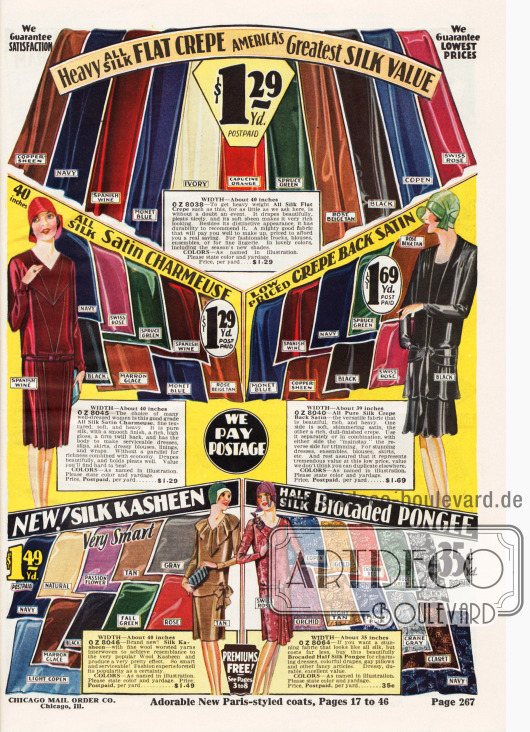 Überwiegend einfarbige Stoffe, wie schweres Seiden Krepp, Satin-Charmeuse, Satin Krepp, Seiden-Kasha und seidenartiger Brokatstoff von 35 Cent für bis zu 1,69 Dollar pro Yard.