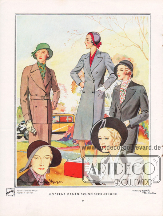 „Moderne Damenkleidung“.
Seite mit Kostümen für Damen und einem Damenmantel. Die Jacketts können ein- oder zweireihig sein, wobei die einreihige Form am ehesten dem modernen Herrensakko ähnelt und seine Form aufnimmt. Die zweireihige Form zeigt Raglanärmel und besitzt einen recht sportlichen Charakter. Der Mantel ist zweireihig mit tiefumrollenden Klappen. Er wird nur auf zwei Knöpfen geschlossen. Der dritte, oberste Knopf ist blind.
Zeichnung/Illustration: Harald Schwerdtfeger (1888-1956).