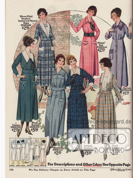Sieben günstige Haushalts- und Verandakleider sowie einfache Tageskleider aus kariertem Gingham, Rep (Stoff in Ripsbindung, meist Baumwolle), gestreiftem Perkal, Leinen oder Satin, Chambray, Baumwoll-Foulard sowie kariertem Voile (Schleierstoff).
Viele Modelle sind mit praktischen Taschen ausgestattet. Zurückhaltende Stickereien, helle und dunkle Garnituren, schmale Borten, Rüschen oder schwarze Krawatten geben jedem Modell einen besonderen Charakter. Die meisten Kleider sind Mantelkleider mit verdeckter oder offener Knopfleiste in der Front.