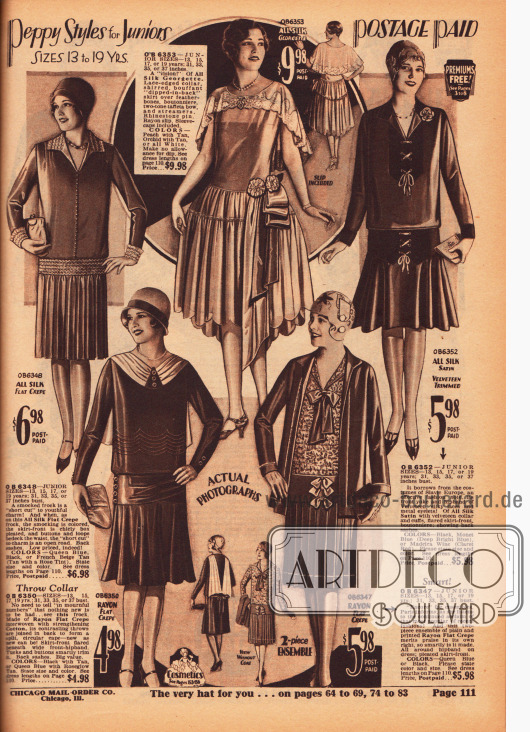 Drei Tageskleider aus Seiden Krepp, Seiden-Satin und Rayon Krepp, ein zweiteiliges Ensemble (unten rechts) aus Rayon Krepp und ein mondänes Ballkleid (oben Mitte) aus Seiden-Georgette mit verlängertem Rocksaum für junge Mädchen und Frauen im Alter zwischen 13 und 19 Jahre.