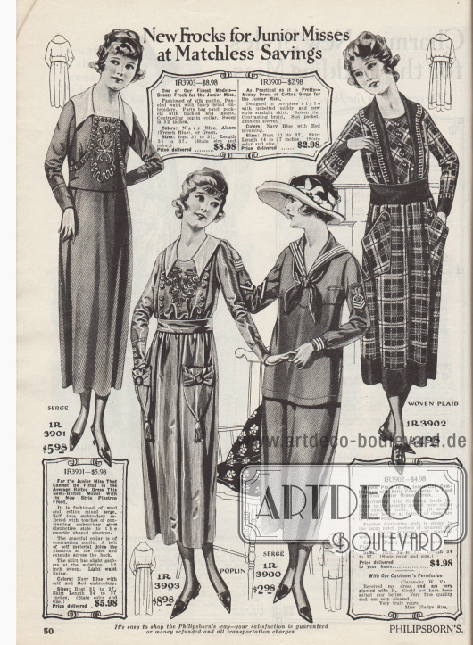 „Neue Kleider für junge Frauen mit beispielloser Ersparnis“ (engl. „New Frocks for Junior Misses at Matchless Savings“).
Tageskleider aus Baumwoll-Woll-Serge, Seiden-Popeline, Baumwoll-Serge oder kariertem Serge für das modebewusste Fräulein.
Die Kleider sind mit flächigen Stickereien und Seidenstickereien, hellen Popeline-Kragen, Quasten oder mit aufgesetzten Taschen versehen. Das dritte Modell zeigt die beliebte Matrosenbluse mit gestickten Marine-Emblemen und weißen Streifen. Der Kragen des vierten Modells wird bis zum unifarbenen Stoffgürtel herabgeführt (engl. „tuxedo collar“). Die dazwischen hervortretende Weste ist mit Knöpfen garniert.
