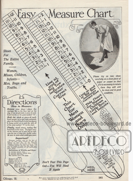 „Einfache Maßtabelle“ (engl. „Easy Measure Chart“).
Seite mit Anweisungen zum korrekten Maßnehmen der benötigten Schuhgröße für Damen, junge Frauen, Männer, Kinder und Kleinkinder. Die Ferse muss unten rechts angelegt werden.