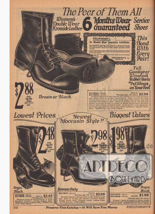 Doppelseite mit Damenschuhen aus sommerlich leichtem Canvas. Gezeigt werden hier kurze Stiefeletten, Oxfords, Pumps mit Schnallen und Sandaletten. Perforationen, Ziernähte und Lederbesatz verschönern die Schuhe. Die Schuhe zeigen flache Gummisohlen, niedrige Militärabsätze oder den beliebten geschwungenen Louis XIV Absatz.