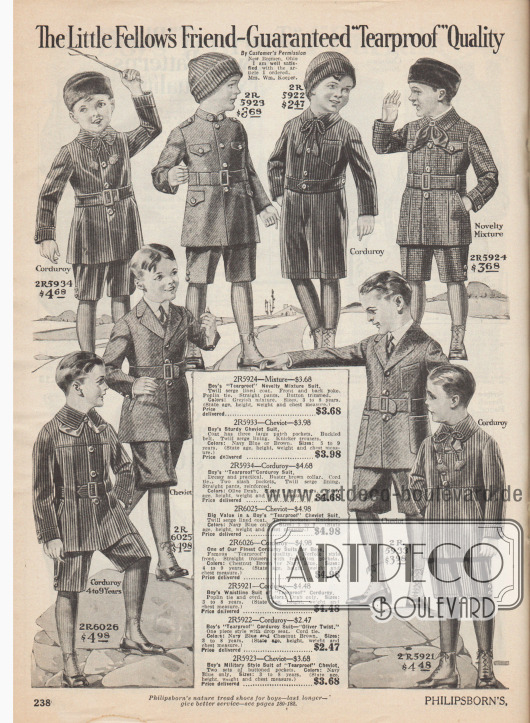 „Der Freund des kleinen Burschen – Garantiert ‚Reißfeste‘ Qualität“ (engl. „The Little Fellow’s Friend – Guaranteed ‚Tearproof‘ Quality“).
Straßen-, Schul- und Spielanzüge sowie ein militär- bzw. uniformartig gearbeiteter Freizeitanzug (2R5923) für Jungen im Alter von 3 bis 9 Jahren.
Die Anzüge sind aus Cheviot-Wolle oder vorrangig aus Cord (Kord) geschneidert. Unter den Modellen befindet sich ein einteiliges Modell (2R5922) und ein Anzug im Norfolk-Stil mit zwei Patten, die von der Schulter bis zum Jackensaum reichen. Alle Anzüge sind nur mit kurzen Hosen erhältlich.