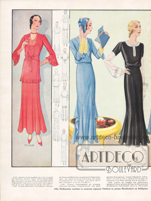 4326: Elegantes Nachmittagskleid aus rotem Georgette mit passendem Jäckchen, dessen Ärmel dreiviertellang sind. An diesen und am Schoß, der zum Kleid gehört, Plisseeberandung. Das Kleid ist durch Spitzenstoff ergänzt.
4327: Elegantes Besuchskleid aus hellblauem Marocain mit Einsatz und Manschetten aus gekräuselter Valenciennesspitze. Der glockig geschnittene Rockvolant fällt seitlich wasserfallartig aus.
4328: Elegantes Nachmittagskleid aus schwarzem Crêpe Satin mit weißen Georgette Ärmeln und hierzu passender Kragengarnitur. Einfache Perlstickerei.