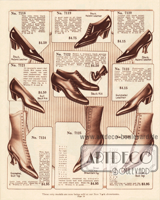 Vier Pumps, zwei Oxfords, und drei Stiefeletten aus Lackleder und Ziegenleder mit überwiegend niedrigen Militärabsätzen und Louis XIV Absätzen für die Dame.