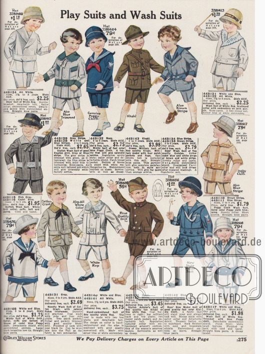 „Spielanzüge und Waschanzüge“ (engl. „Play Suits and Wash Suits“).
Spielanzüge und Anzüge im Norfolk-Stil für Jungen ab 2½ bis 8 Jahre. Die Anzüge zum Spielen und Toben sind aus Rep (Stoff in Ripsbindung, meist Baumwolle), Drillich, „Peggy Cloth“ (?), Khakistoff, Baumwoll-Crash (Stoff in grober Webung mit rauer Oberfläche) und anderen Baumwollstoffen.
Neben Anzügen im schlichten, zivilen Stil sind vor allem soldatische, uniformartige Militär- und Matrosenanzüge sehr beliebt. Unten in der Mitte befindet sich ein Flieger- und Pilotenanzug.