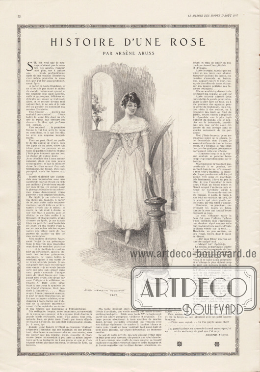 Artikel:
Aruss, Arsène, Histoire d’une rose (par Arsène Aruss).
In der Mitte der Geschichte befindet sich eine Zeichnung mit einer Dame im Stilkleid, die eine Treppe hinunter schreitet.
Illustration/Zeichnung: John Newton Howitt (1885-1958).