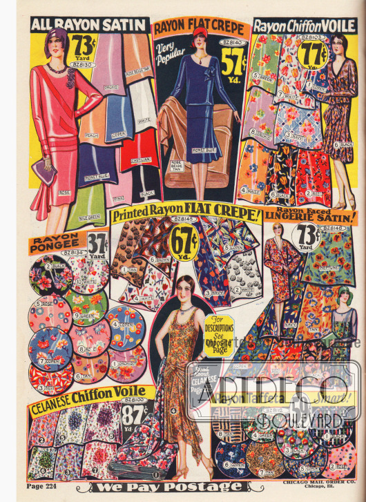 Bedrucktes Rayon-Pongee, Chiffon Schleierstoff, Rayon Krepp, Rayon-Chiffon Schleierstoff, Satin für Unterwäsche und Rayon Taft. Einfarbige Stoffe wie Rayon-Satin und Rayon Krepp werden oben links präsentiert.