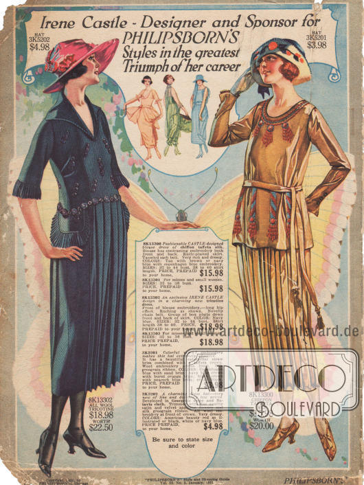 Zwei Modelle der Frühjahrsmode 1921, die exklusiv von Irene Castle (1893-1969) für Philipsborn’s entworfen wurde.
Links ein Kleid aus marineblauem „Tricotine“ (robust gewebtes Wollgewebe) mit Stickereien, Hüft- und Ärmelrüschen, Kettengürtel und teilweise plissiertem Rock.
Rechts ein dunkelgelbes Blusenkleid aus einem Chiffon-Taft und Seidengemisch mit kontrastierenden Stickereien, plissiertem Rock und einem langen Gürtel, der in Quasten endet.