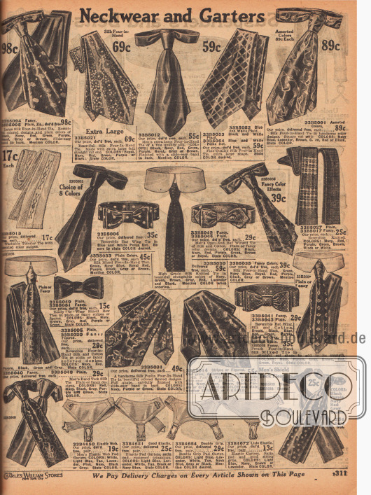 „Krawatten und Strumpfbandhalter“ (engl. „Neckwear and Garters“).
Bunt gemusterte, farbige, gestreifte, karierte, gepunktete oder unifarbene Krawatten und Fliegen für den modebewussten Herrn. Die Krawatten und Fliegen sind aus Seide oder Seide und Baumwolle. Die Modelle sind entweder breit uns spitz geformt oder schmal und kantig abgeschnitten.
Unten auf der Seite befinden sich Strumpfbandhalter aus elastischen Materialien.