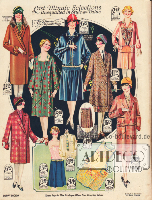 „Last Minute Modelle unerreicht in Stil und Wert“ (engl. „Last Minute Selections Unequalled in Style and Value“).
Mäntel und Kleider für zierliche Damen, junge Frauen und Mädchen. Oben links ein Woll-Veloursmantel mit Kaninchenkragen, daneben ein grünes Kleid mit roten Quadraten aus Seiden-Krepp-Mischgewebe, ein blaues Kleid aus Charmeuse mit Seiden-Satin Oberfläche, ein zweireihiger Mantel mit passendem Rock aus Tweed sowie ein Mädchenkleid aus rosa Chiffon-Rayon mit großer Schleife.
Unten befinden sich ein Mantel für Mädchen aus Seiden-Woll-Mischgewebe, ein Sportensemble mit Rock aus blauem Woll-Flanell und Hemd aus Breitgewebe mit Krawatte, eine gelbe, bunt bedruckte Hausarbeitsschürze aus Baumwoll-Leinen und ein sportlicher, rosé karierter Mantel mit aufgesetzten Taschen.